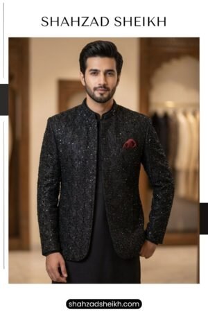 Black Hand-Embroidered Prince Coat – Premium Raw Silk PC-0187