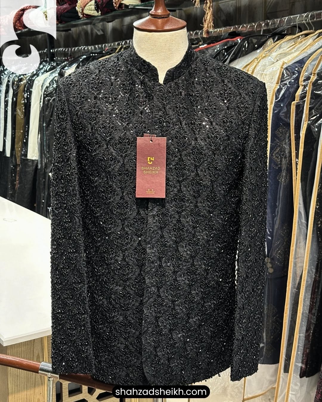Black Hand-Embroidered Prince Coat – Premium Raw Silk PC-0187 - Image 2