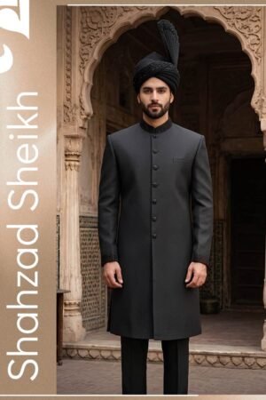 Black Silk Threadwork Handwork Sherwani | CS-041