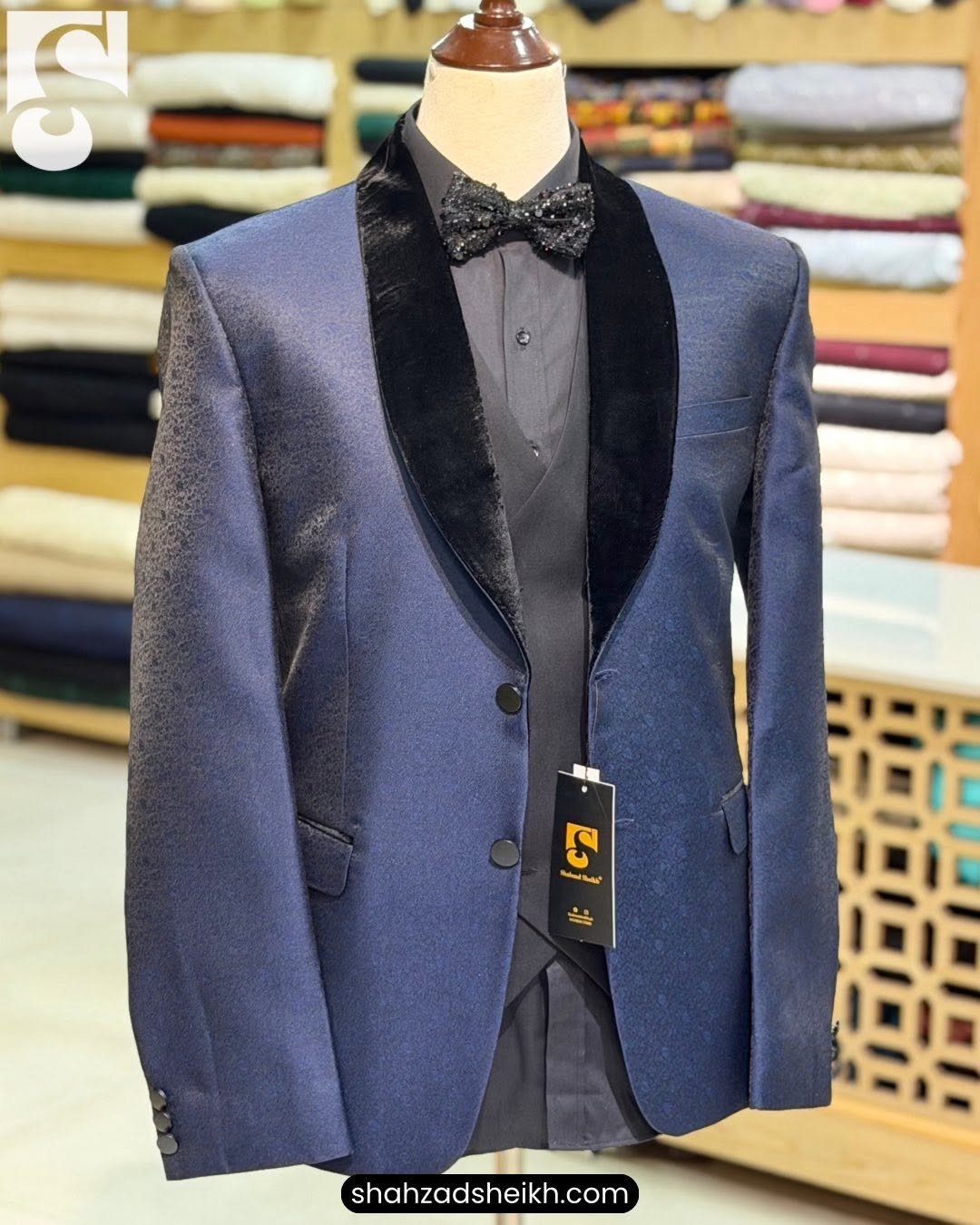 Blue Jamawar 3-Piece Suit – Exclusive Fabric | 3PC-1002 - Image 4