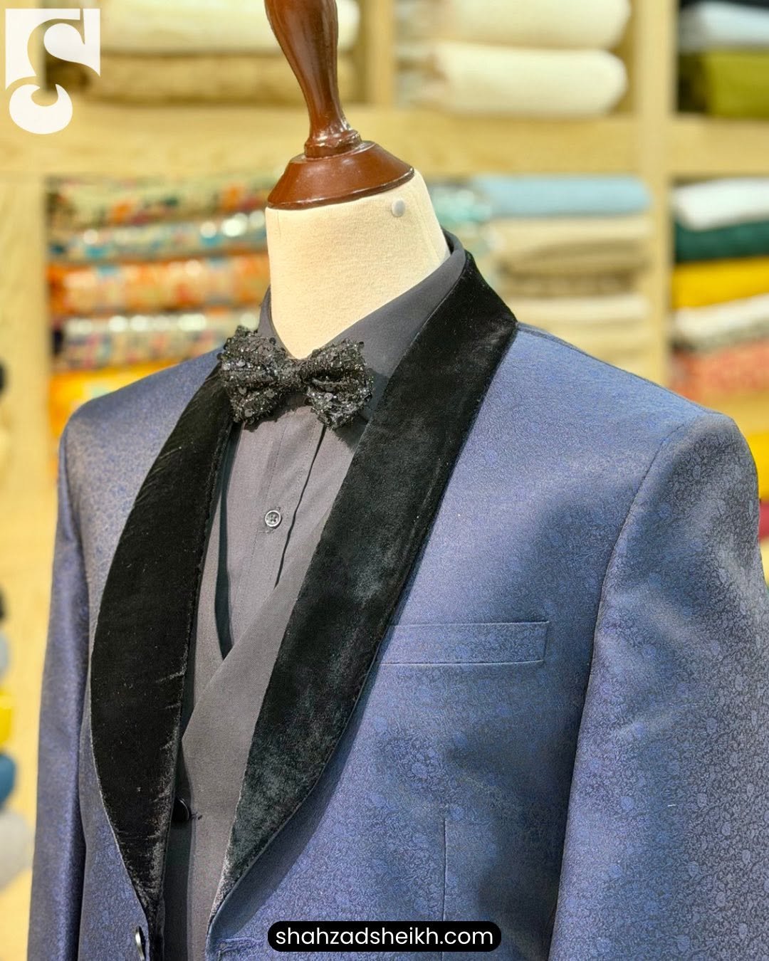 Blue Jamawar 3-Piece Suit – Exclusive Fabric | 3PC-1002 - Image 3