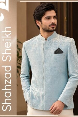 Elegant Sky Blue Textured Jamawar Prince Coat | PC-0192