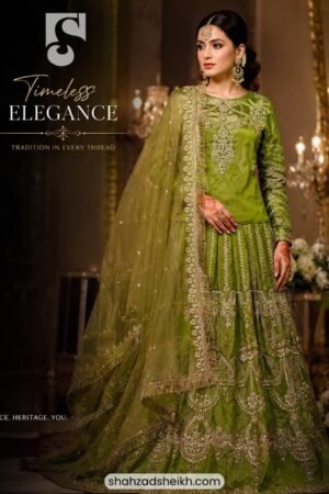 Emerald Heritage Bridal Mehndi Lehnga Choli – Raw Silk Threadwork | LC-001