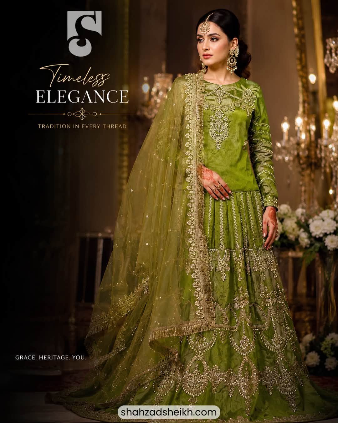 Emerald Heritage Bridal Mehndi Lehnga Choli – Raw Silk Threadwork | LC-001