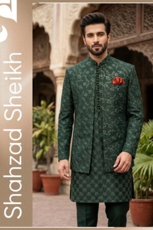 Emerald Royale Hand-Filled Prince Coat Suit – Premium Raw Silk | PC-0189