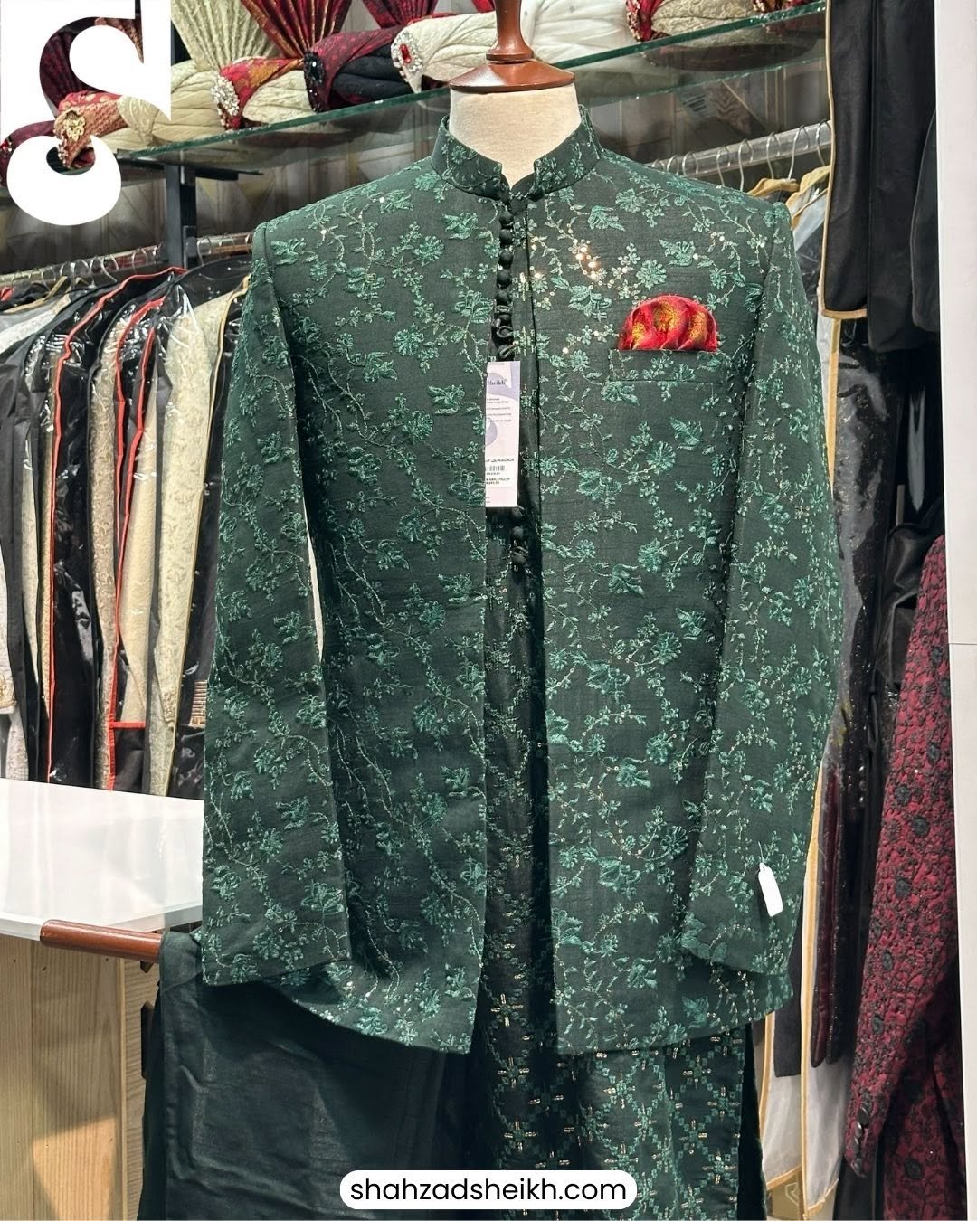 Emerald Royale Hand-Filled Prince Coat Suit – Premium Raw Silk | PC-0189 - Image 2