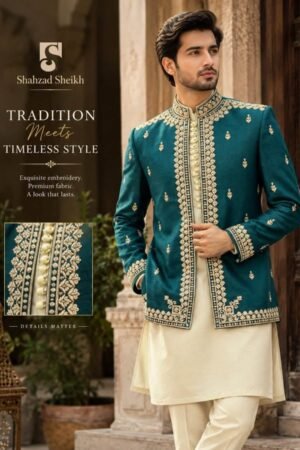 Ferozi & Gold Jamawar Prince Coat | PC-0193