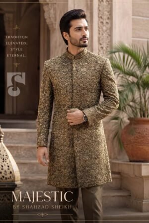 Majestic Antique Gold Handwork Jamawar Sherwani | CS-038
