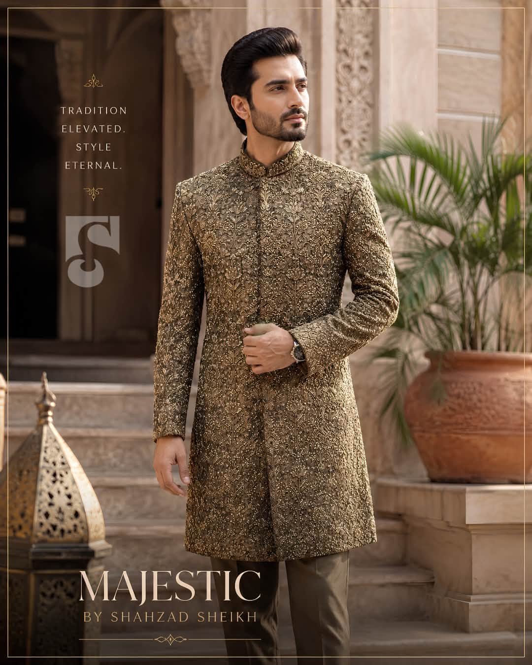 Majestic Antique Gold Handwork Jamawar Sherwani | CS-038