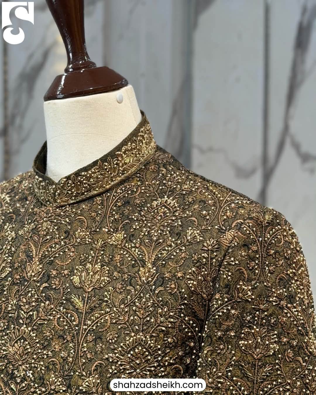 Majestic Antique Gold Handwork Jamawar Sherwani | CS-038 - Image 3