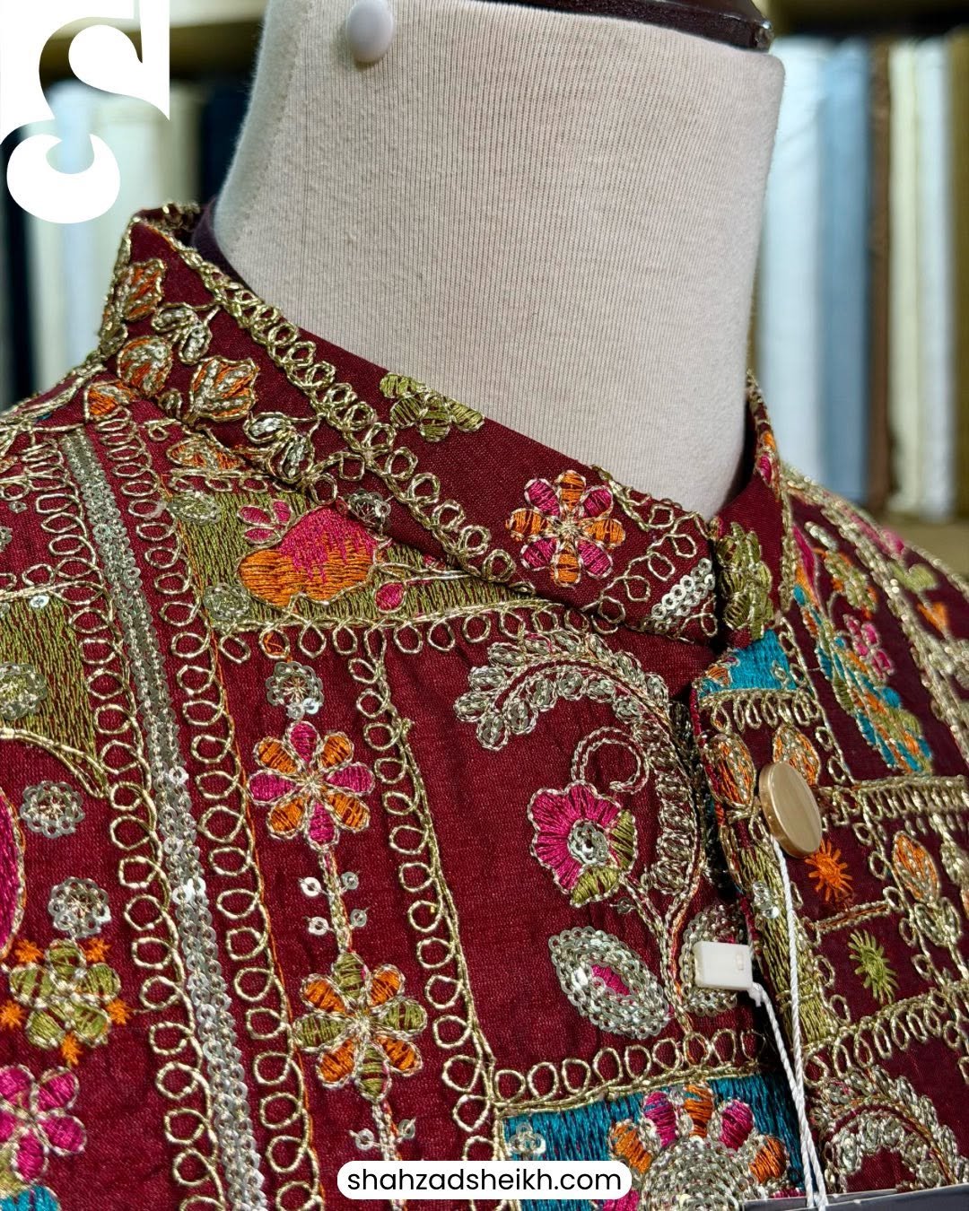 Maroon Royale Masuri Waistcoat – Raw Silk Base with Thread & Glitter Work | WC-609 - Image 5