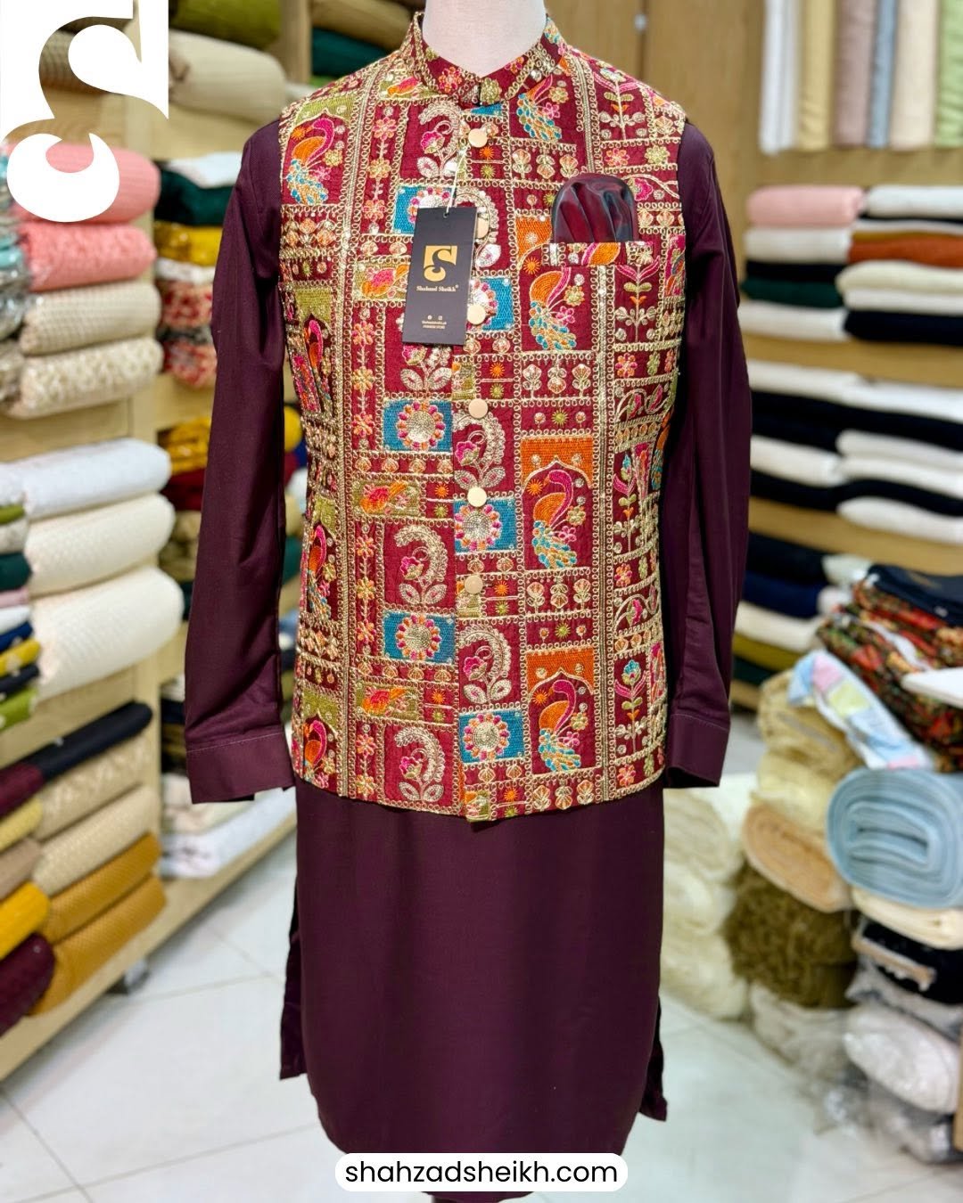 Maroon Royale Masuri Waistcoat – Raw Silk Base with Thread & Glitter Work | WC-609 - Image 2