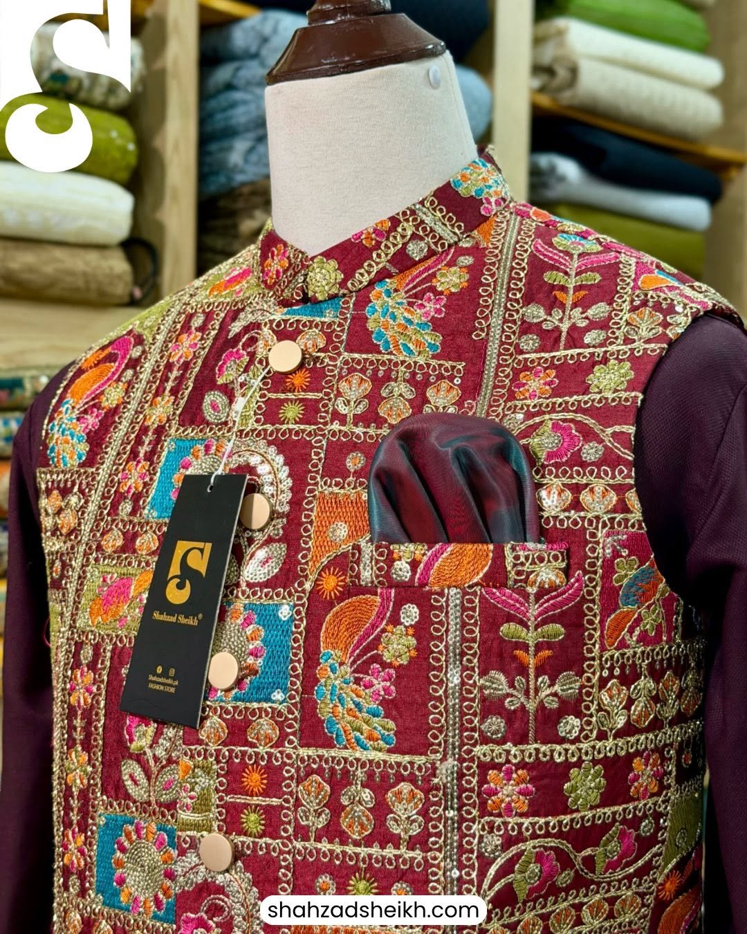 Maroon Royale Masuri Waistcoat – Raw Silk Base with Thread & Glitter Work | WC-609 - Image 4