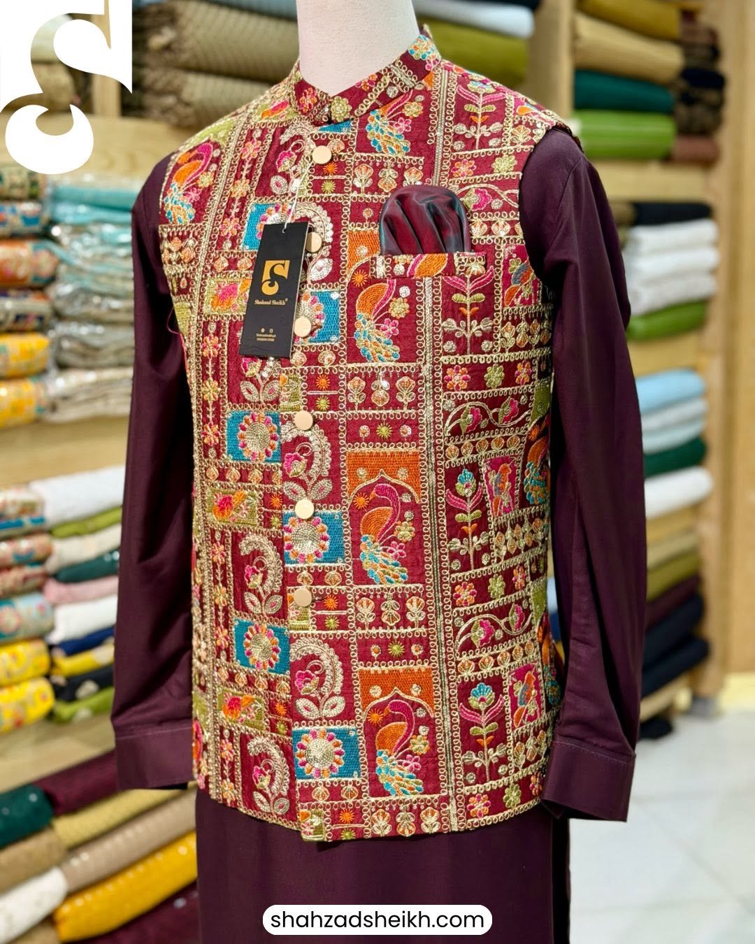 Maroon Royale Masuri Waistcoat – Raw Silk Base with Thread & Glitter Work | WC-609 - Image 3
