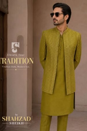 Mehndi Raw Silk Threadwork Prince Coat | PC-0191