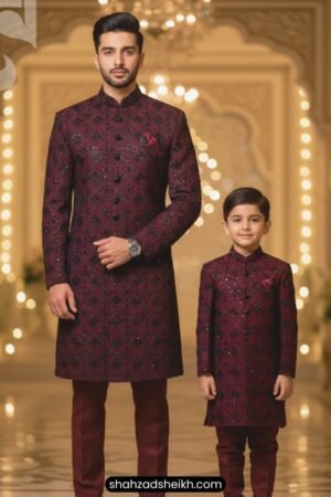 Mehroon Royale Hand-Embroidered Sherwani with Black Touch – Raw Silk Thread & Glitter Work | CS-027