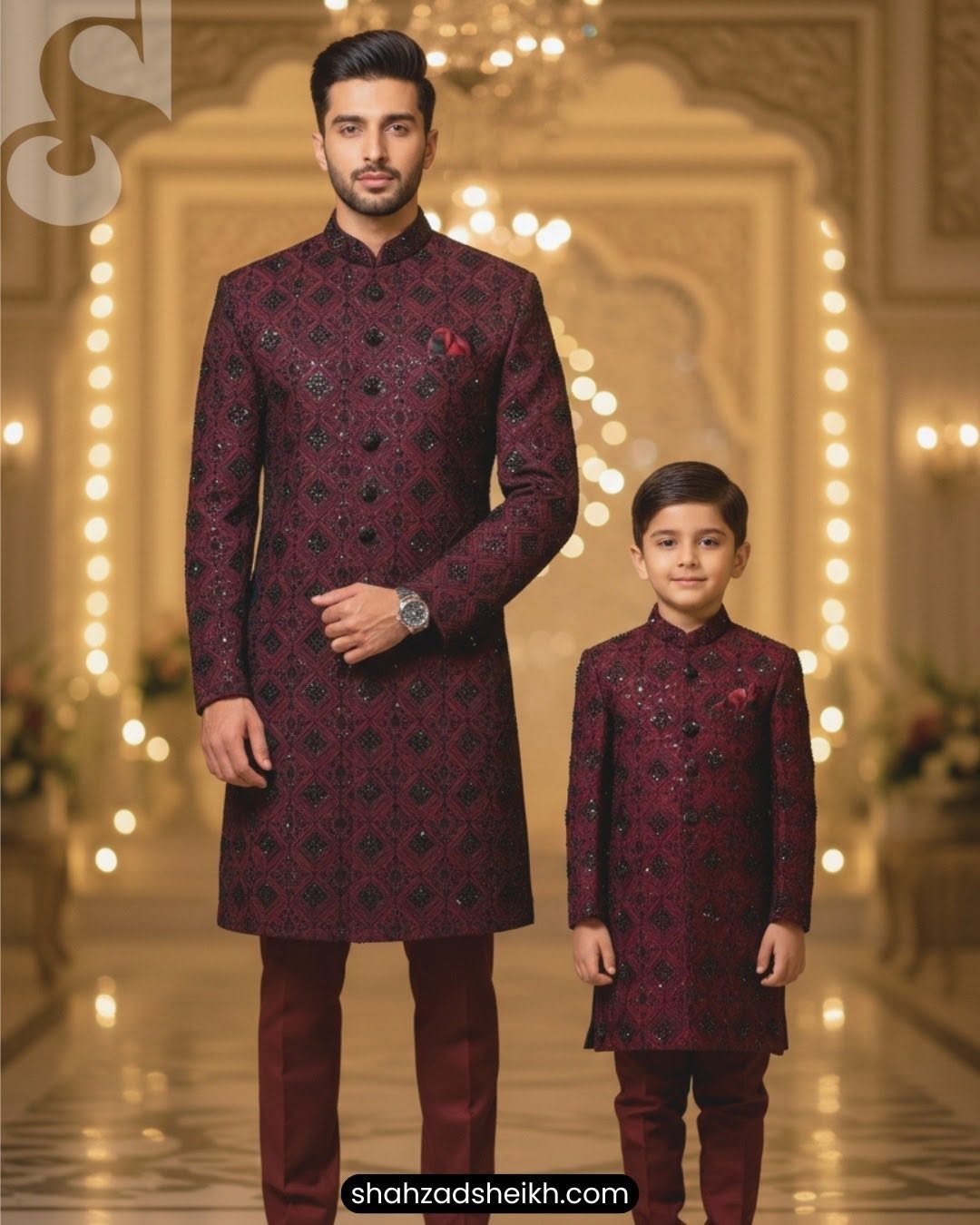 Mehroon Royale Hand-Embroidered Sherwani with Black Touch – Raw Silk Thread & Glitter Work | CS-027
