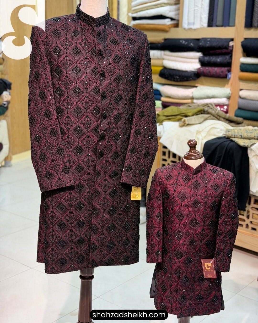 Mehroon Royale Hand-Embroidered Sherwani with Black Touch – Raw Silk Thread & Glitter Work | CS-027 - Image 2