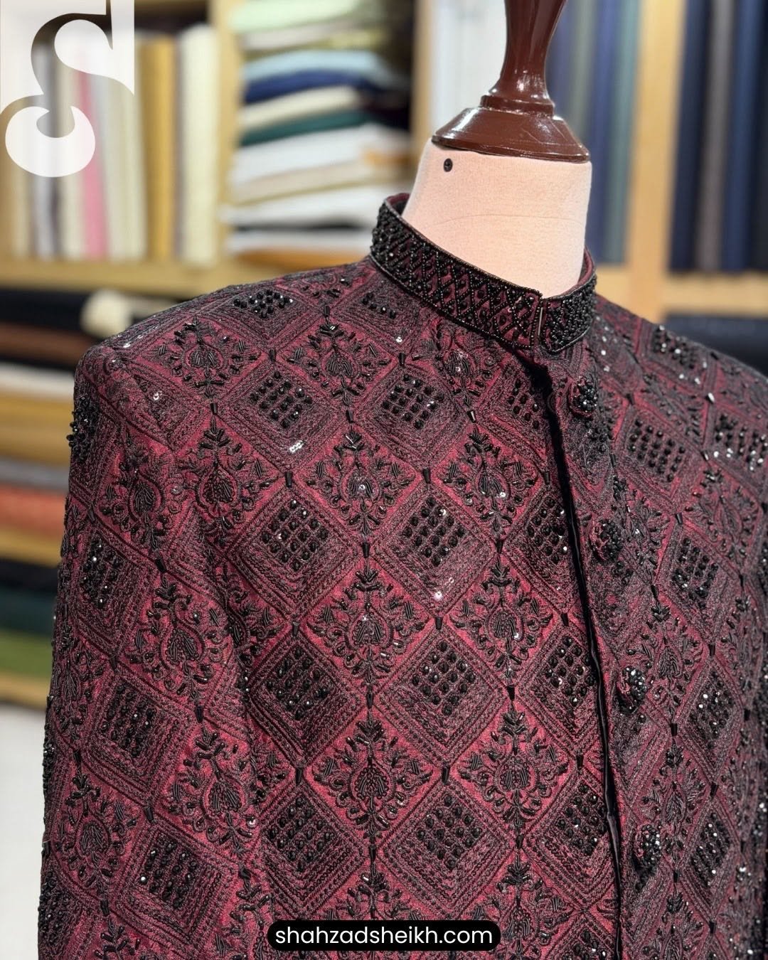 Mehroon Royale Hand-Embroidered Sherwani with Black Touch – Raw Silk Thread & Glitter Work | CS-027 - Image 3