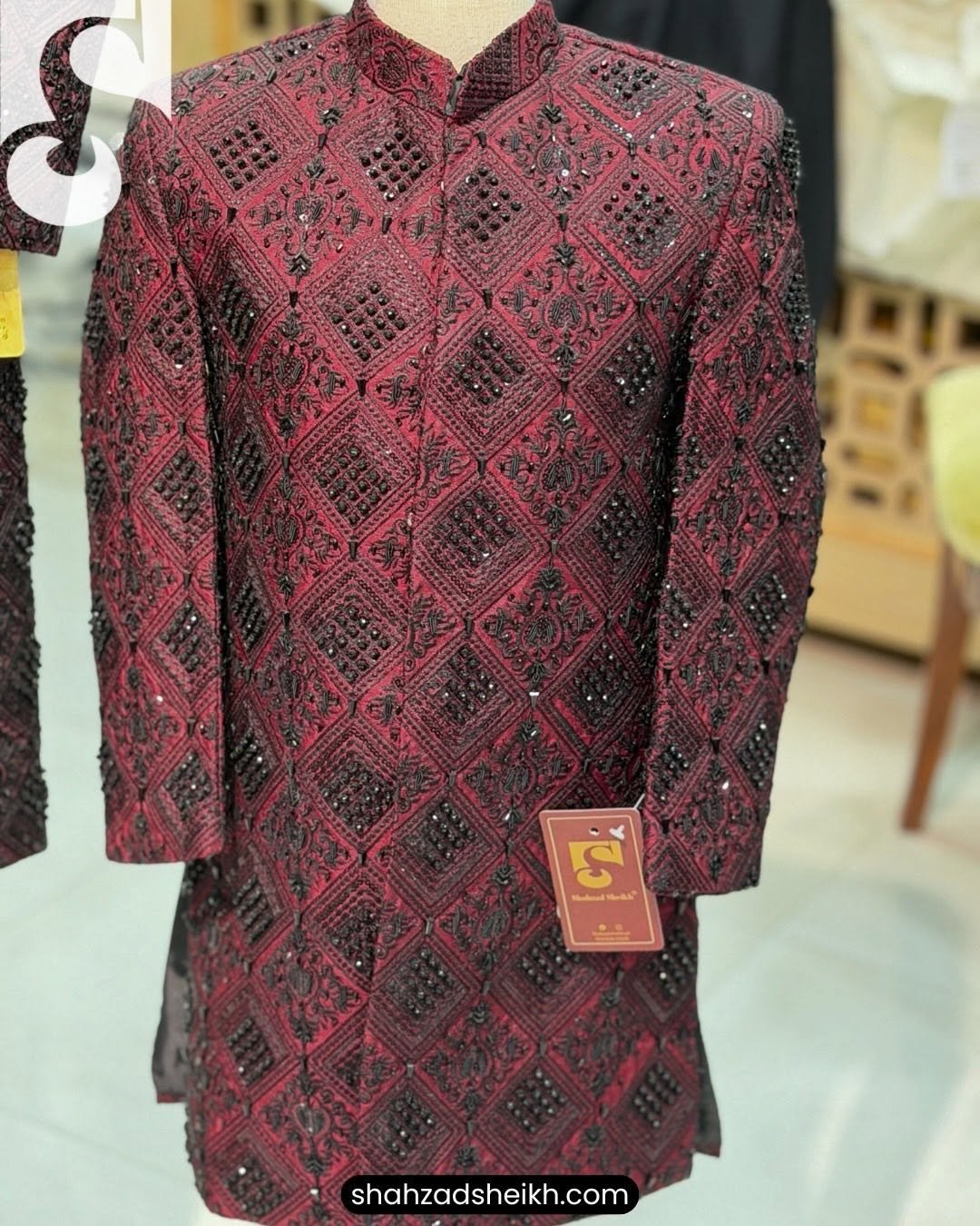 Mehroon Royale Hand-Embroidered Sherwani with Black Touch – Raw Silk Thread & Glitter Work | CS-027 - Image 4