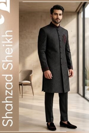 Midnight Black Hand-Filled Sherwani – Premium Raw Silk Thread & Glitter Work | CS-030