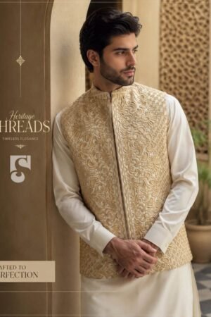 Off-White Gold Masuri Threadwork Waistcoat | WC-611