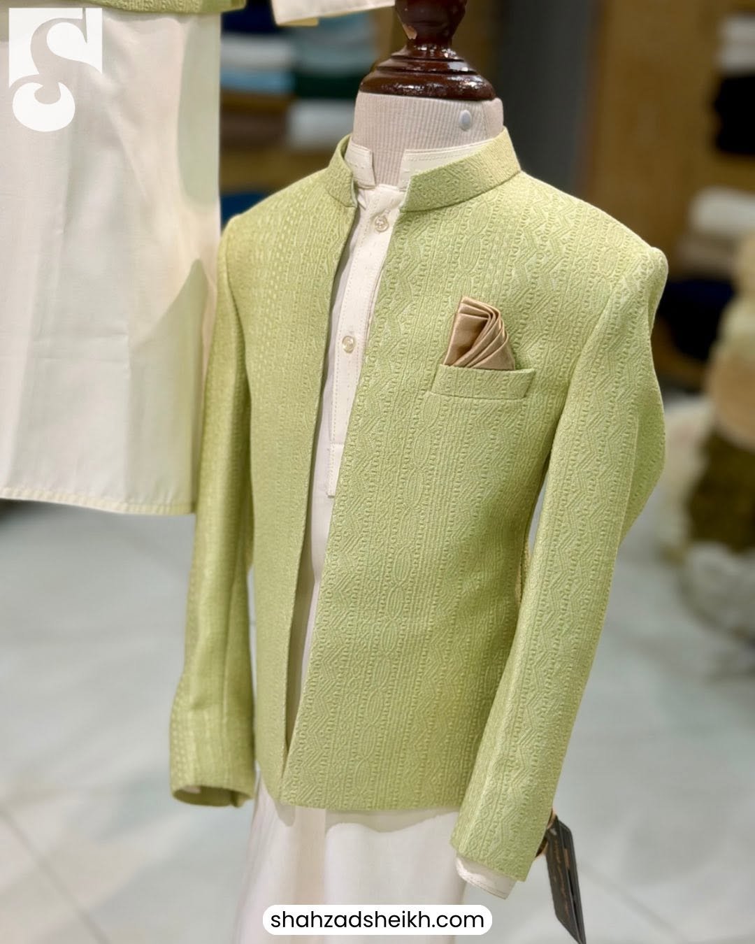 Pistachio Textured Jamawar Kids Prince Coat | KPC-001 - Image 2
