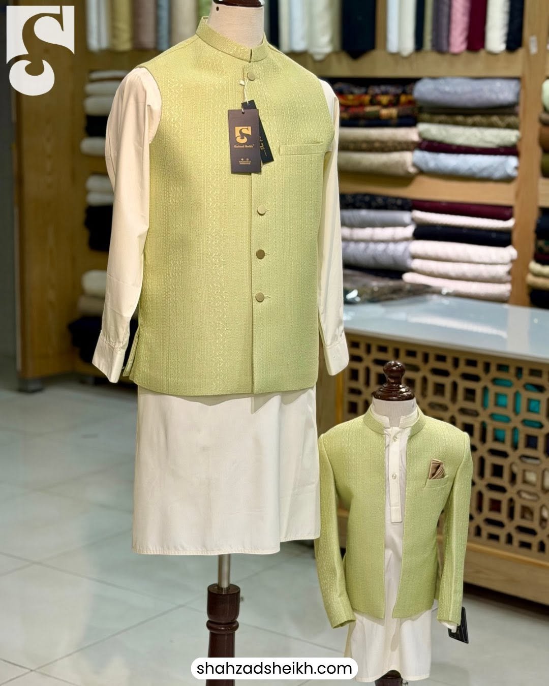 Pistachio Textured Jamawar Kids Prince Coat | KPC-001 - Image 3