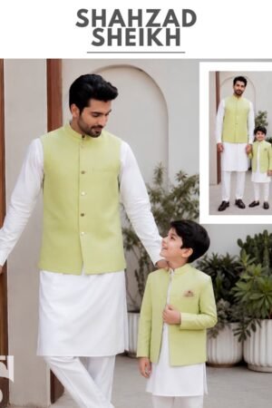 Pistachio Textured Jamawar Threadwork Waistcoat | WC-610