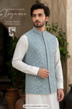 Premium Ice Blue Masuri Threadwork Waistcoat | WC-611