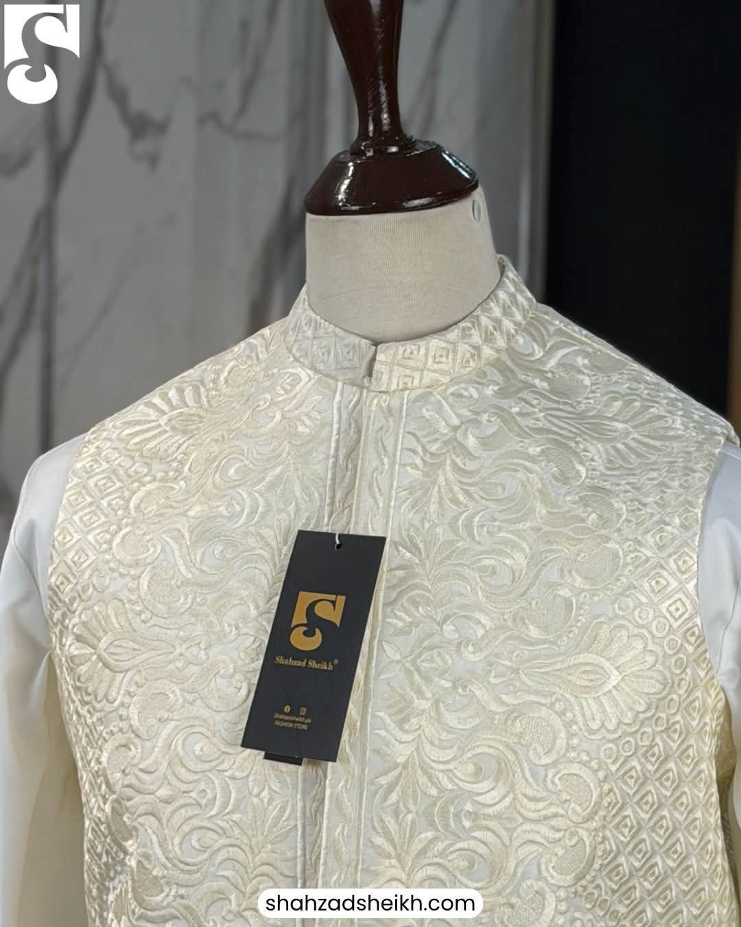 Premium Off-White Masuri Threadwork Waistcoat | WC-611 - Image 4