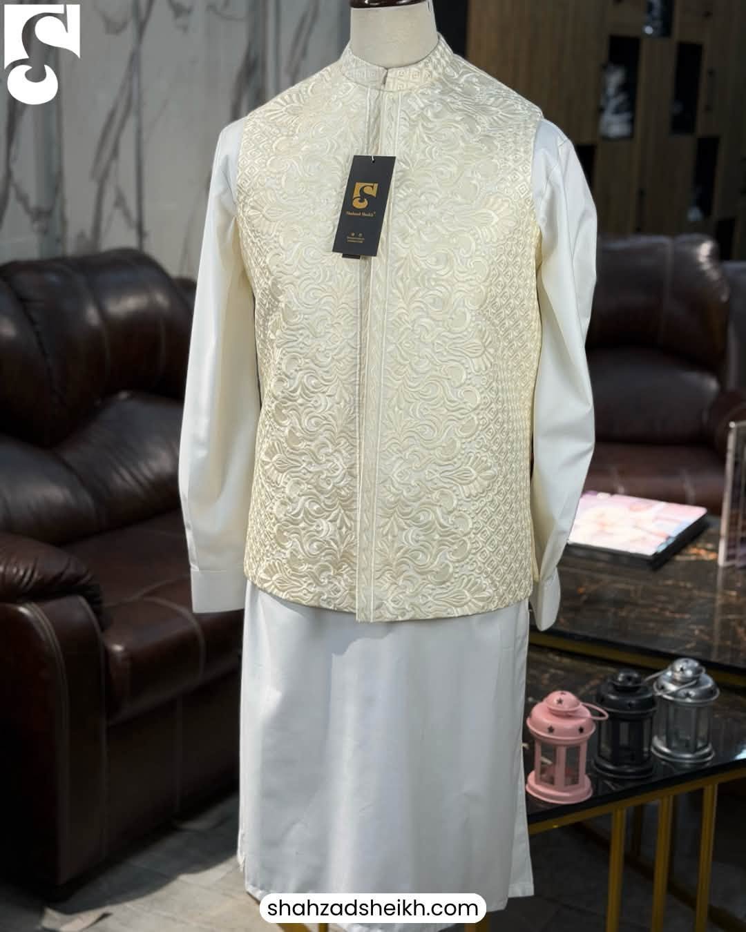 Premium Off-White Masuri Threadwork Waistcoat | WC-611 - Image 3