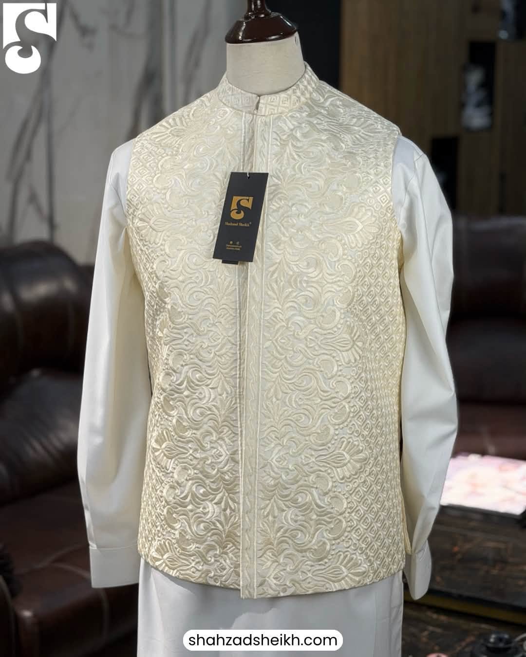 Premium Off-White Masuri Threadwork Waistcoat | WC-611 - Image 2