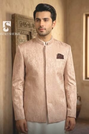 Premium Tea Pink Jamawar Threadwork Coat | PC-0192