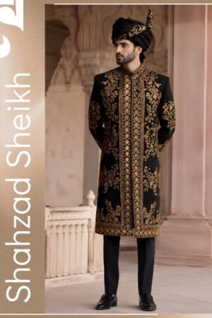 Royal Black Threadwork Groom Sherwani – Jorjad Base | SS-037