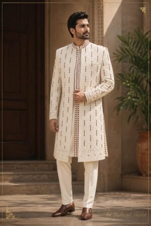 Royal Cream Raw Silk Threadwork Gown Suit | GS-014