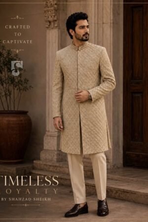 Royal Golden Silk Threadwork Handwork Sherwani | CS-039