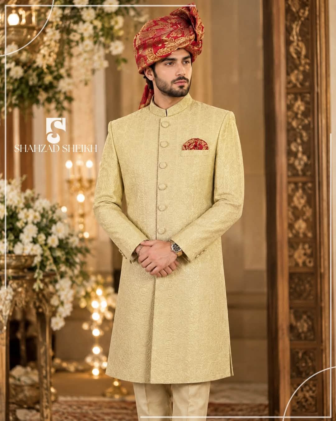 Royal Golden Silk Threadwork Sherwani | CS-043