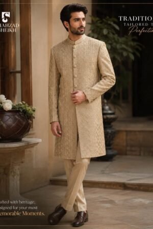 Royal Golden Silk Threadwork Sherwani | CS-040