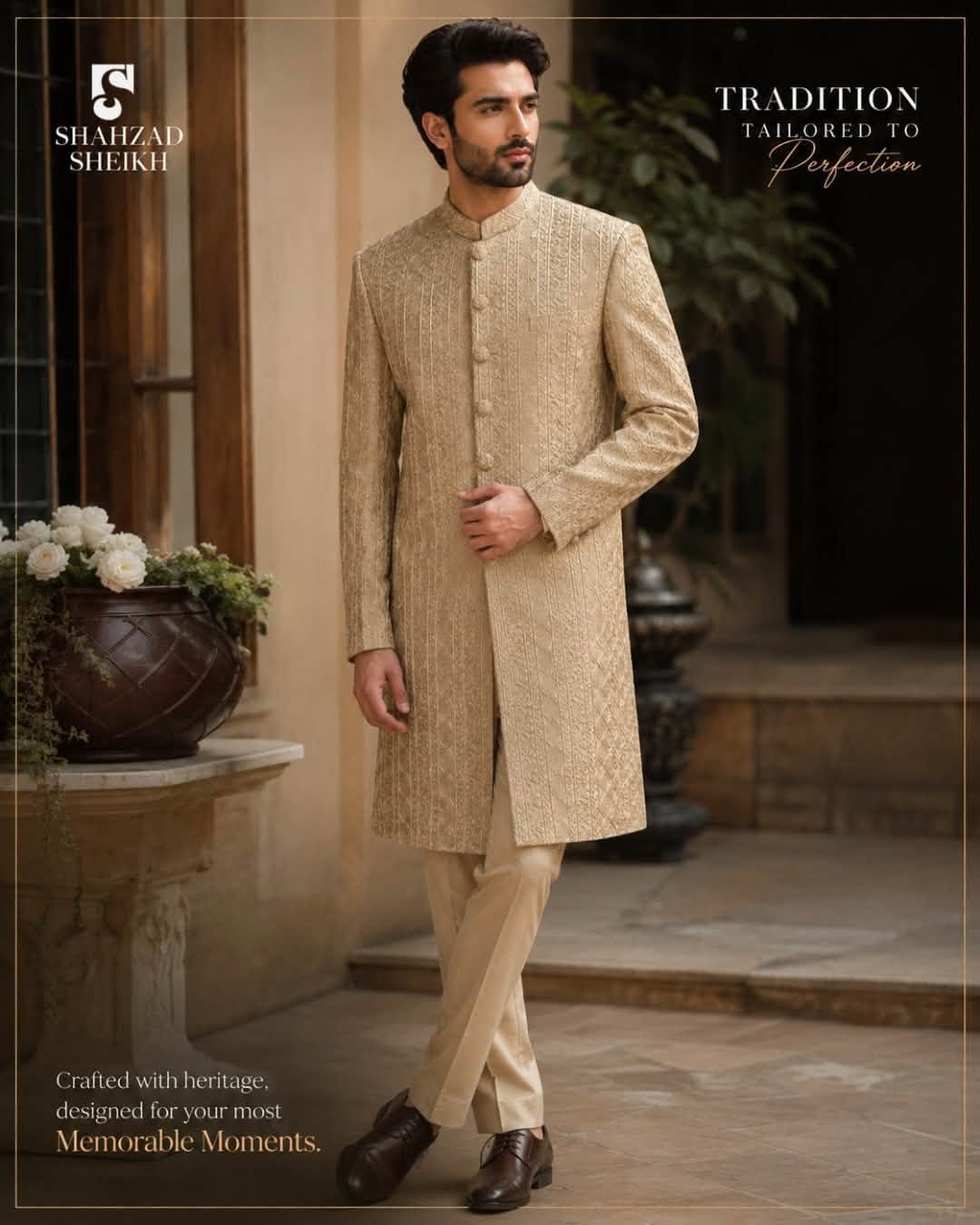 Royal Golden Silk Threadwork Sherwani | CS-040