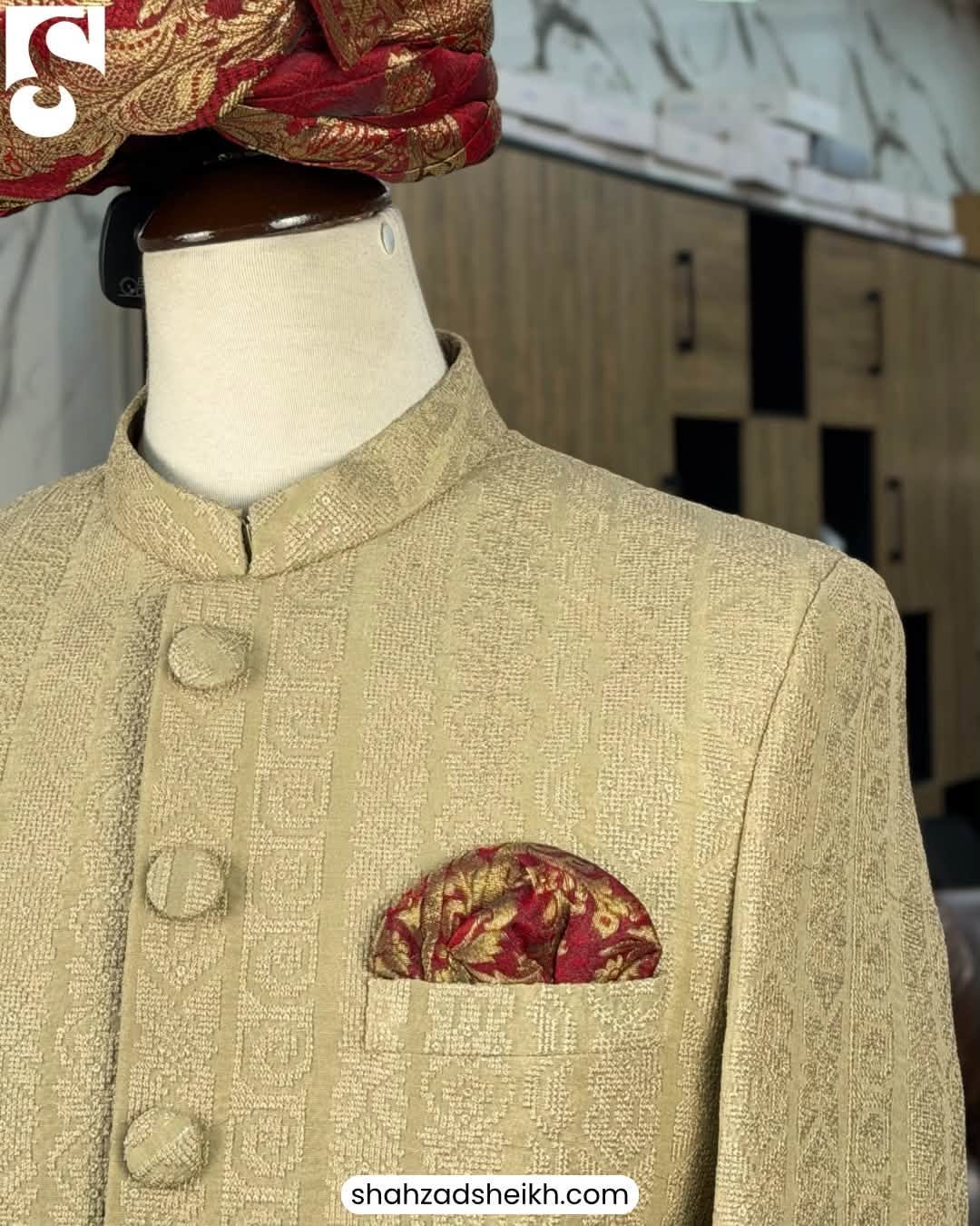 Royal Golden Silk Threadwork Sherwani | CS-043 - Image 3