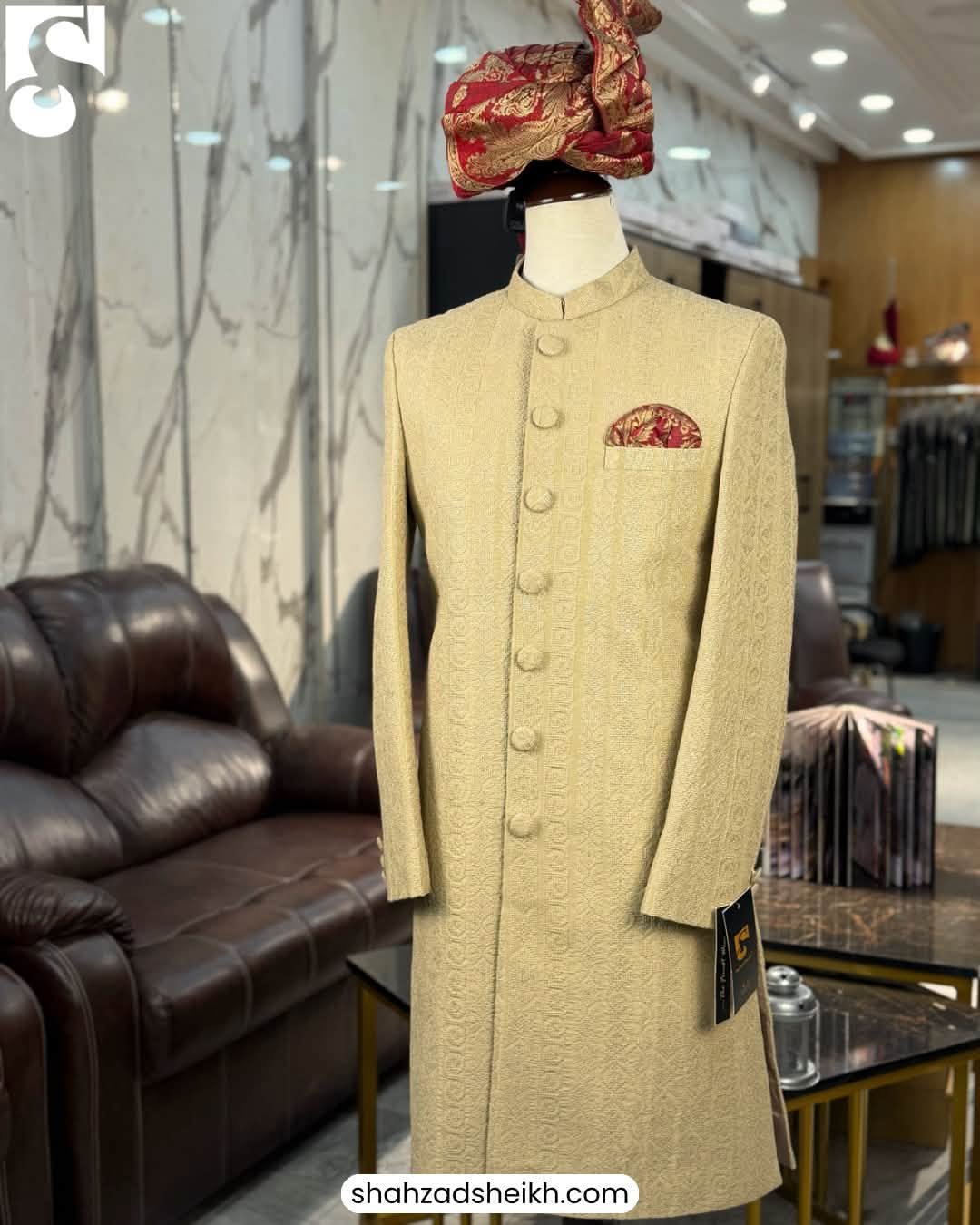 Royal Golden Silk Threadwork Sherwani | CS-043 - Image 4