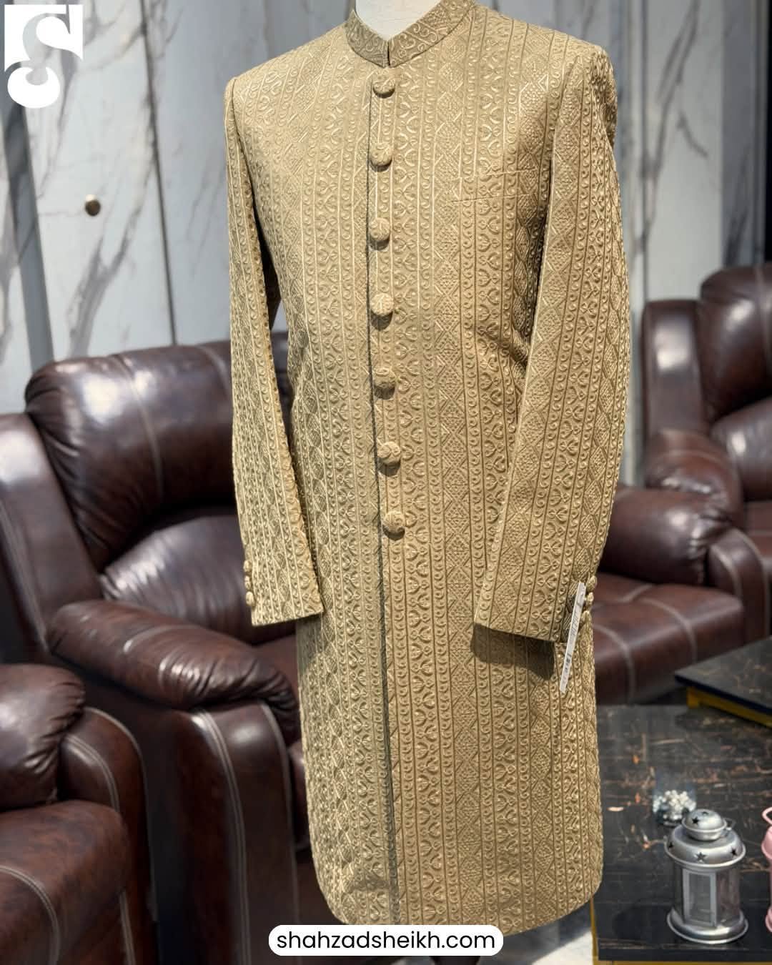 Royal Golden Silk Threadwork Sherwani | CS-040 - Image 4