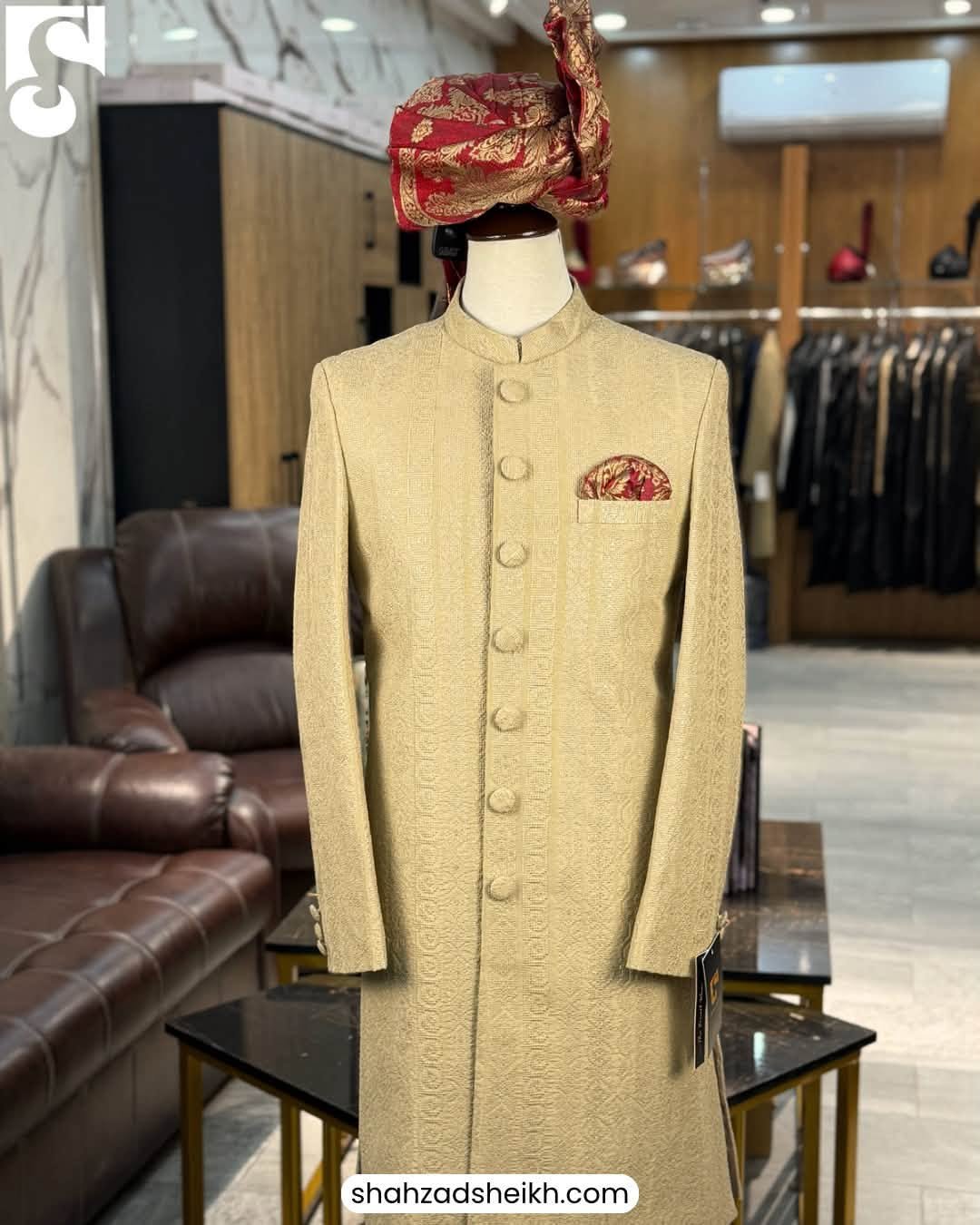 Royal Golden Silk Threadwork Sherwani | CS-043 - Image 2