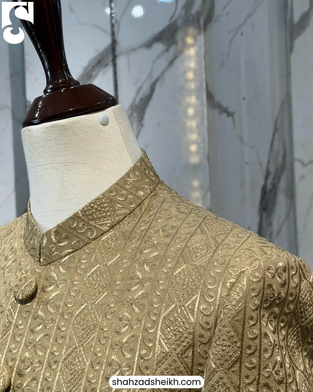 Royal Golden Silk Threadwork Sherwani | CS-040 - Image 3