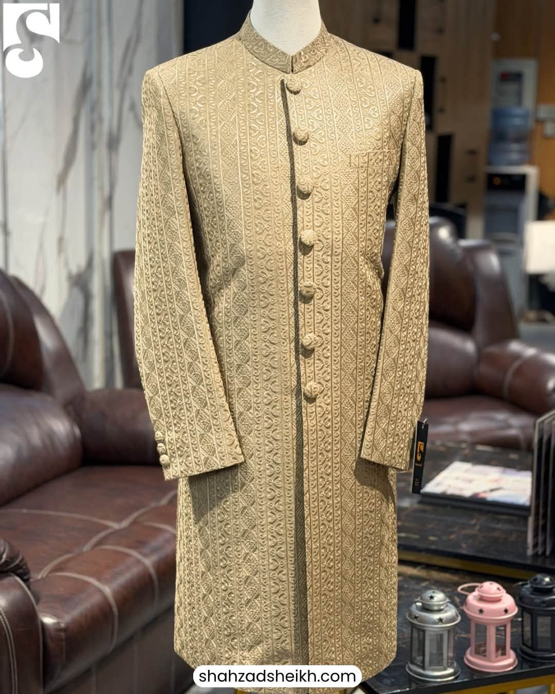 Royal Golden Silk Threadwork Sherwani | CS-040 - Image 2