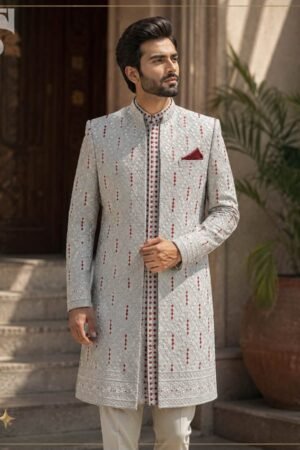 Royal Silver Raw Silk Threadwork Gown Suit | GS-014