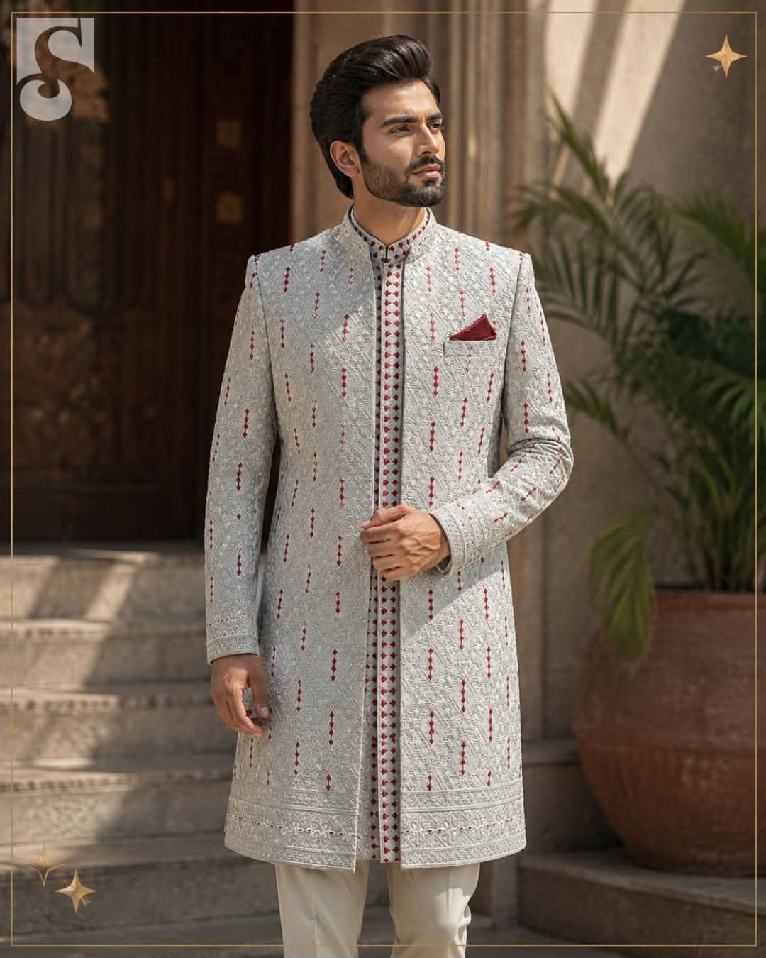 Royal Silver Raw Silk Threadwork Gown Suit | GS-014