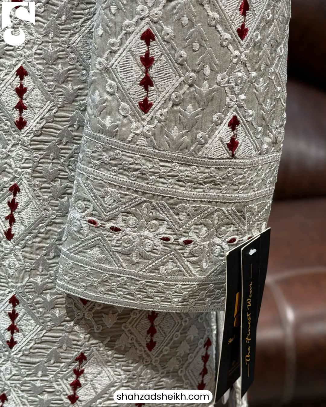 Royal Silver Raw Silk Threadwork Gown Suit | GS-014 - Image 6