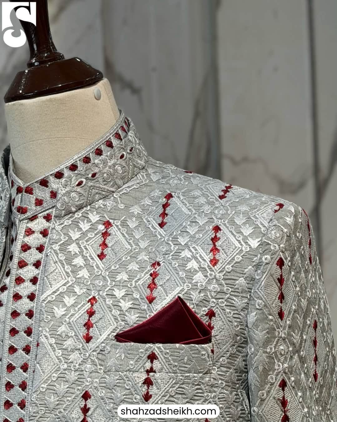 Royal Silver Raw Silk Threadwork Gown Suit | GS-014 - Image 3